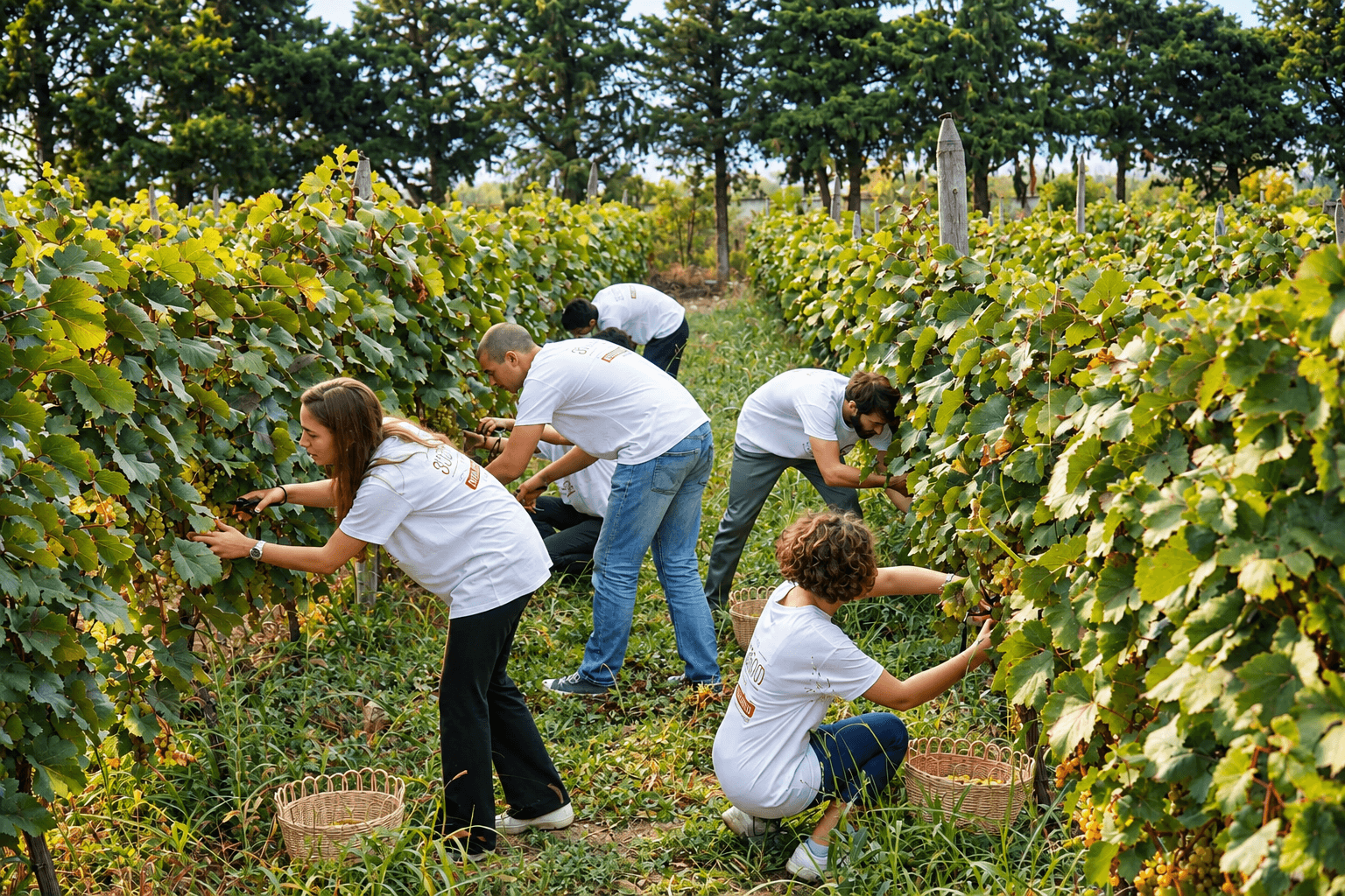 Students at the grape harvest