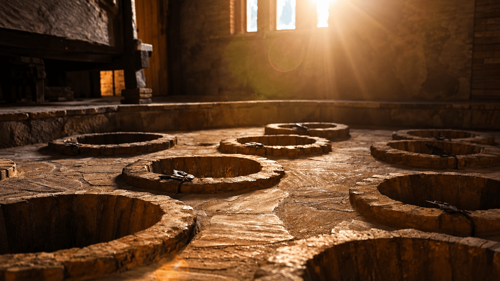 Qvevri set into the cellar floor, lit by the sun