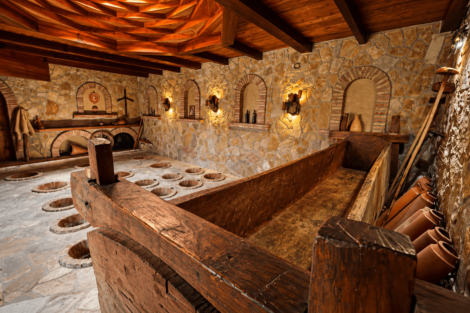 Qvevri in the marani floor beside an old wooden wine press