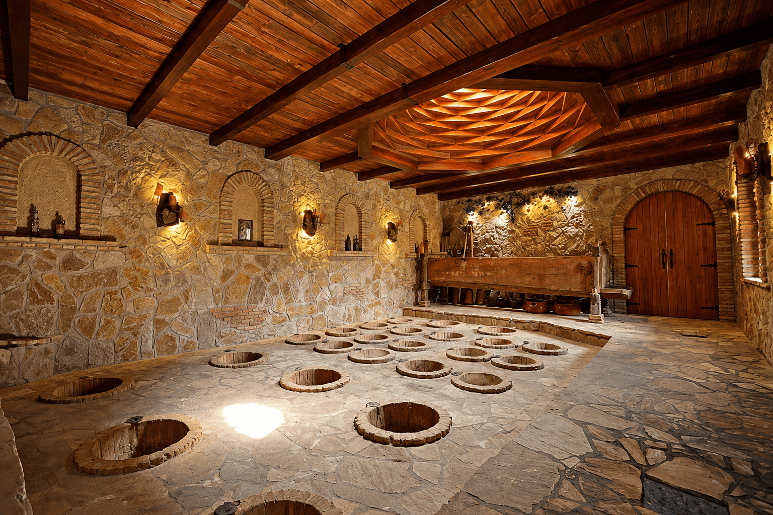 The marani: rows of qvevri set into the stone floor