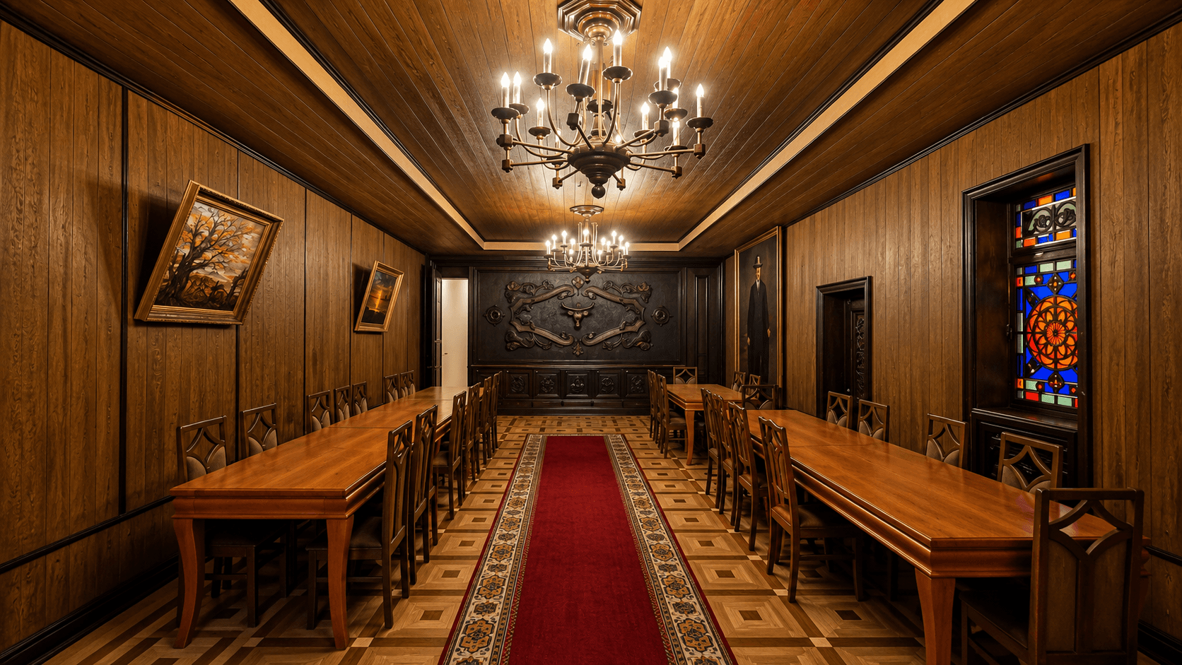 Wood-panelled hall with chandeliers