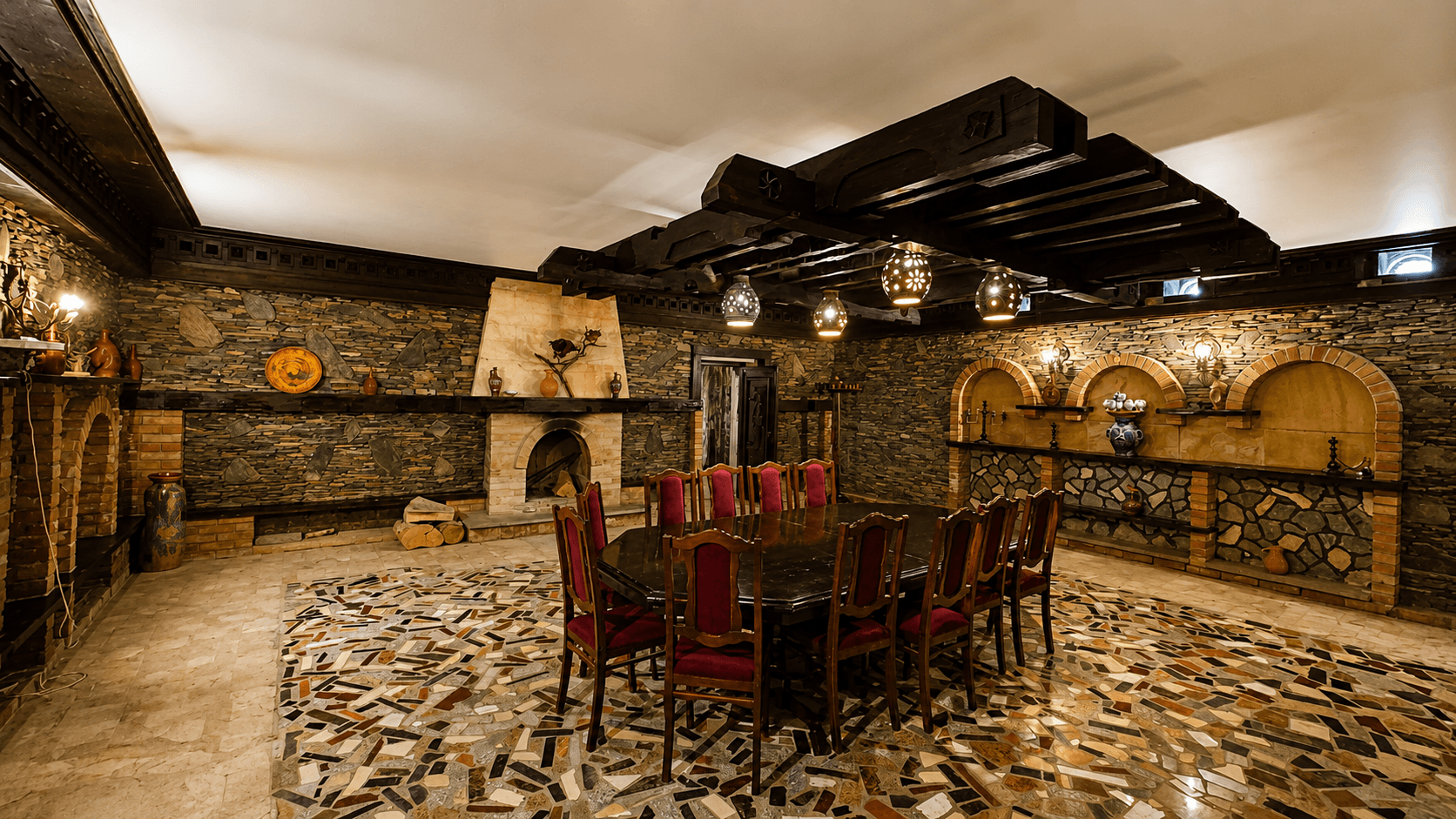 Stone hall with a fireplace
