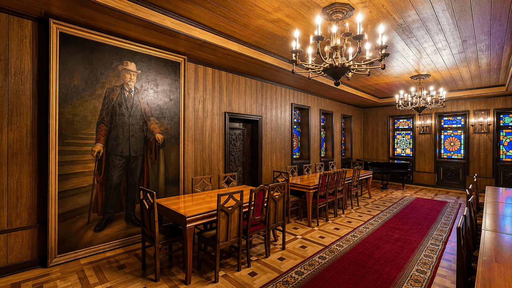 Hall with a portrait and chandeliers