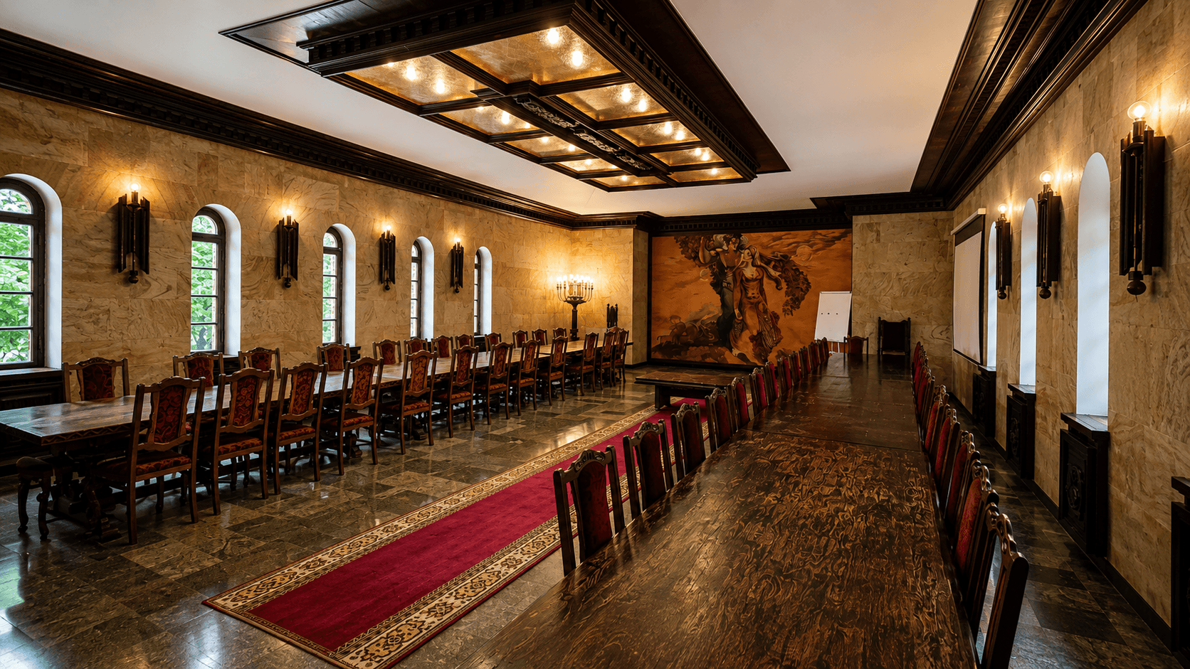 Banquet hall with long tables